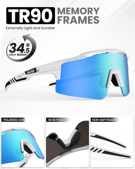 OutdoorMaster Hawk II polarised sports sunglasses, white frame, revo blue Cat.3