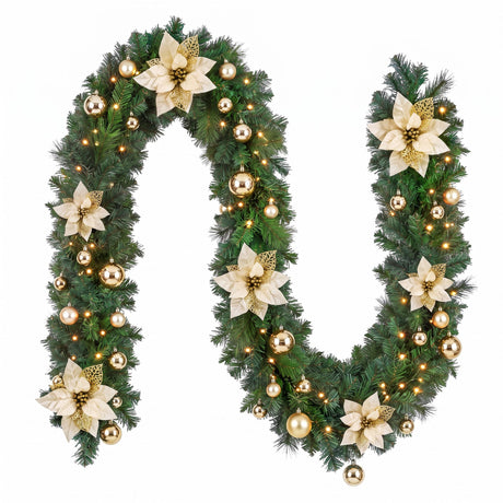 Pre-lit Christmas garland 2.7 metres long with flowers, baubles and 200 tips.