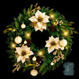 Pre-lit Christmas wreath 60cm across with gold flowers, pine cones and LEDs.