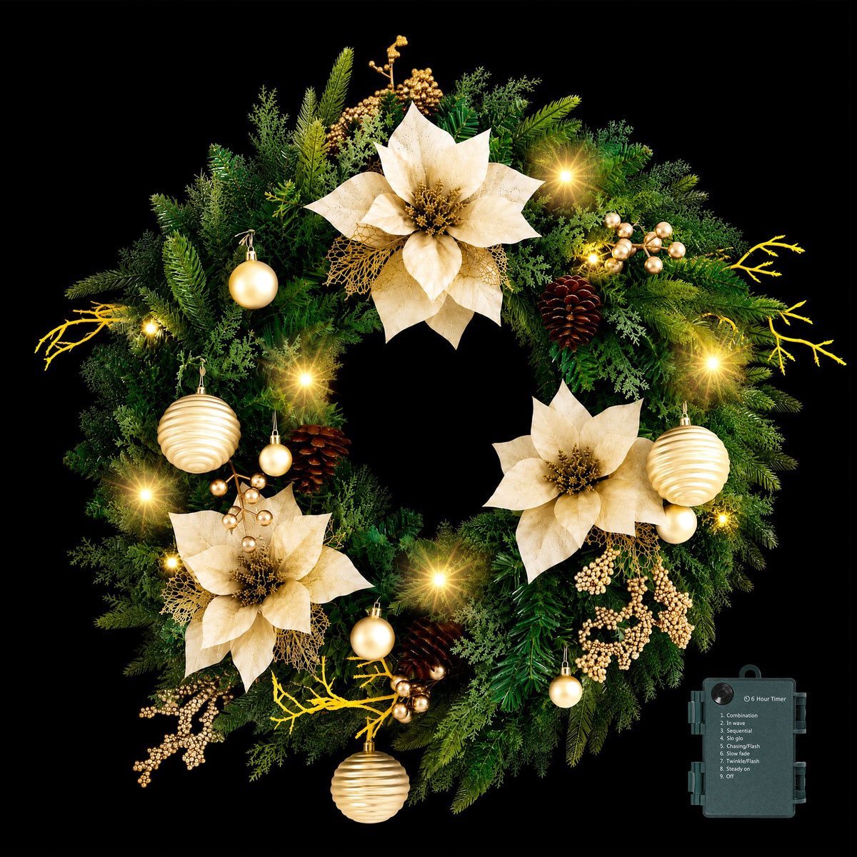 Pre-lit Christmas wreath 60cm across with gold flowers, pine cones and LEDs.