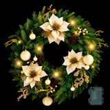 Pre-lit Christmas wreath 60cm across with gold flowers, pine cones and LEDs.