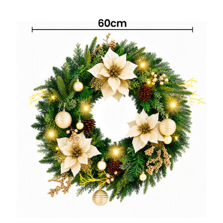Another view of the 60cm gold flower wreath, battery operated.