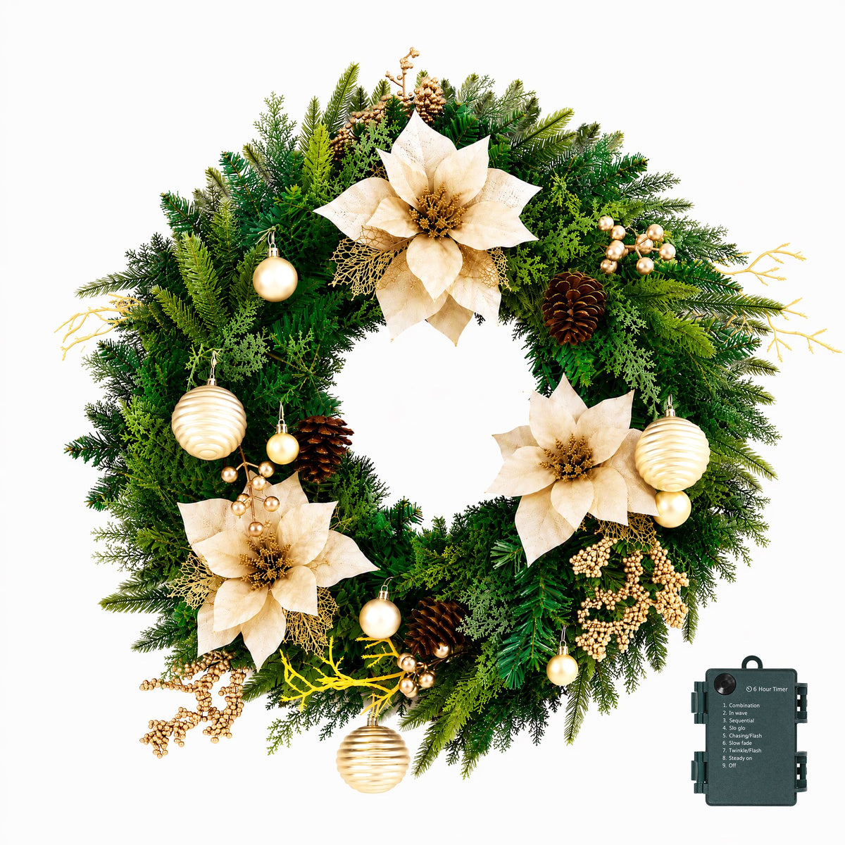 Another view of the 60cm gold flower wreath, with a built-in timer.