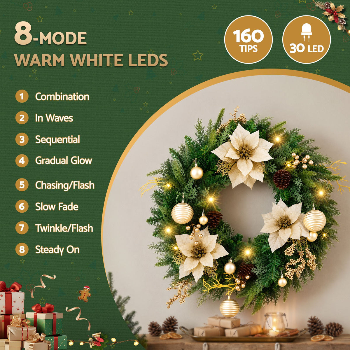 Another view of the 60cm gold flower wreath, arriving pre-lit.