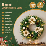 Another view of the 60cm gold flower wreath, arriving pre-lit.