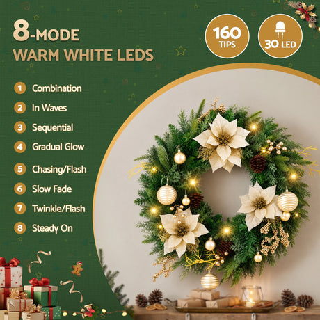 Another view of the 60cm gold flower wreath, arriving pre-lit.