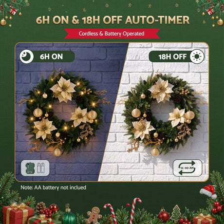 The 60cm gold flower wreath shown again, battery operated.