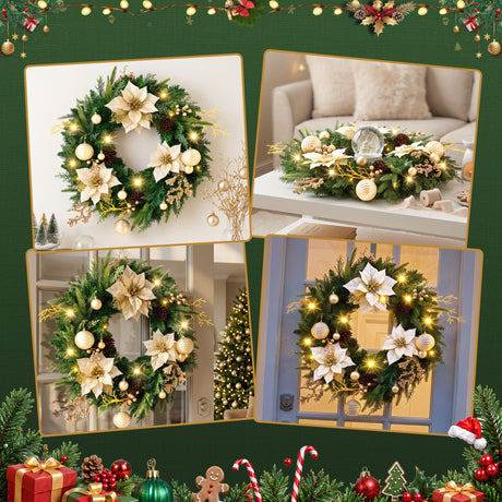 The 60cm gold flower wreath shown again, for indoor or outdoor use.