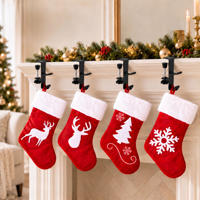 Jingle Jollys Christmas Stocking Set 4 Velvet Stockings 46.5cm & 4 No-Drill Holders.