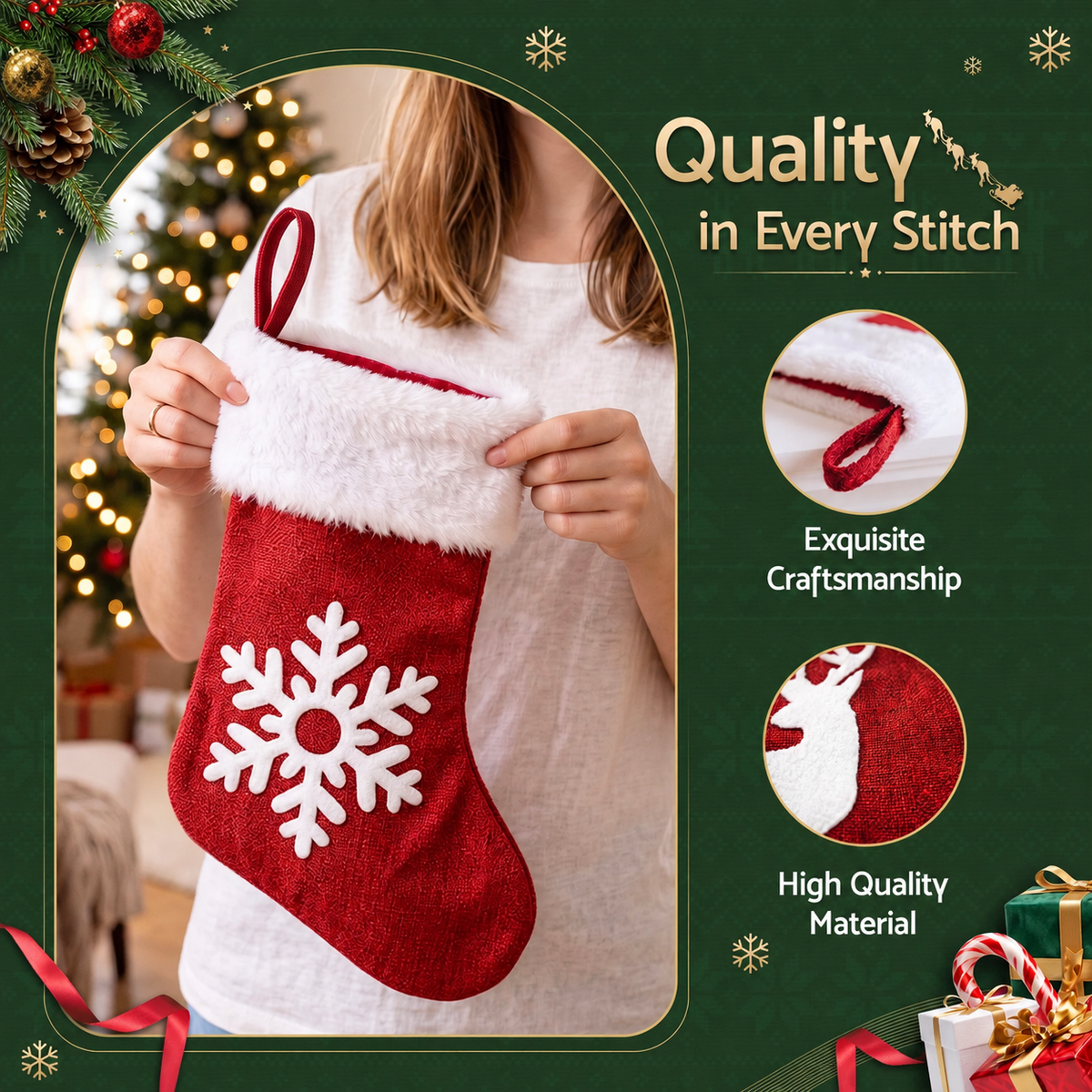 Jingle Jollys Christmas Stocking Set 4 Velvet Stockings 46.5cm & 4 No-Drill Holders.