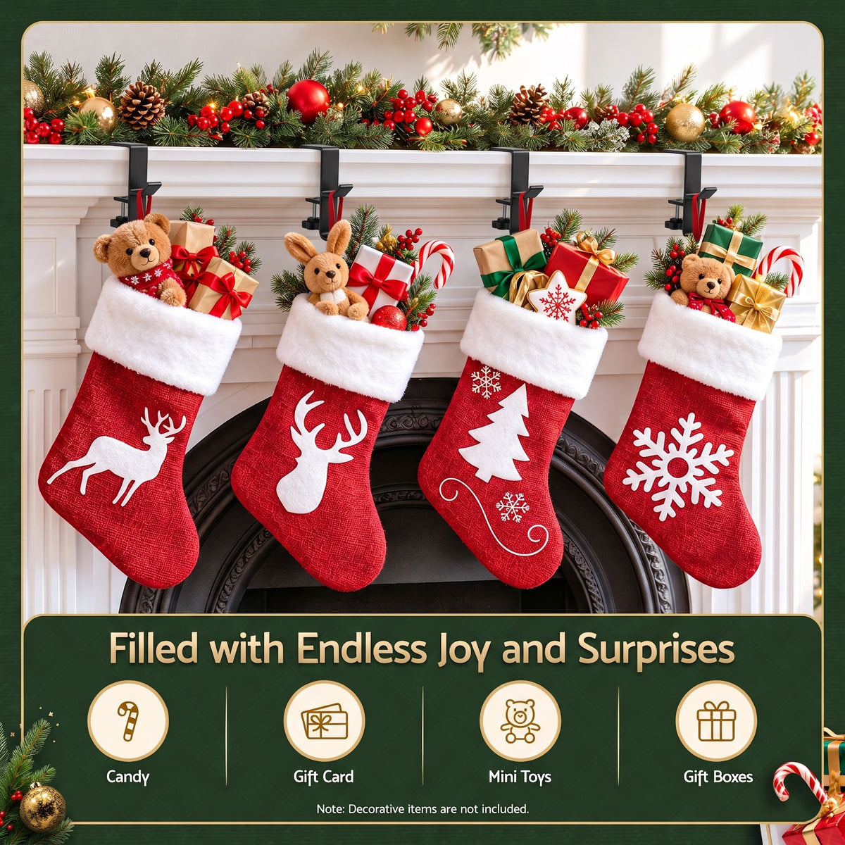 Jingle Jollys Christmas Stocking Set 4 Velvet Stockings 46.5cm & 4 No-Drill Holders.