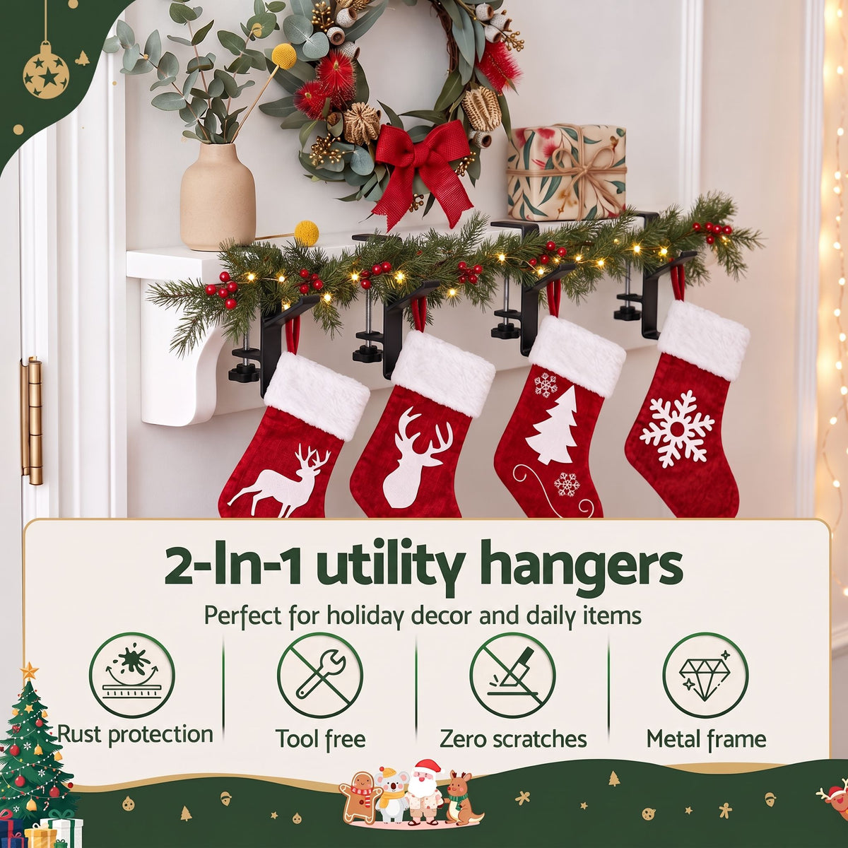Jingle Jollys Christmas Stocking Set 4 Velvet Stockings 46.5cm & 4 No-Drill Holders.