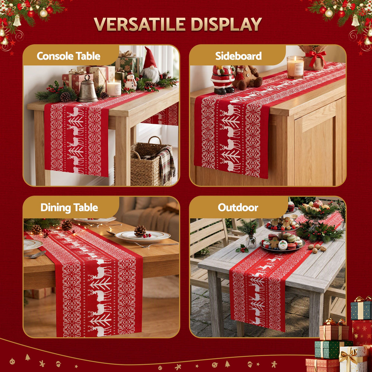 Jingle Jollys Christmas Table Runner Reindeers 270x28CM Dining Party Decor Red