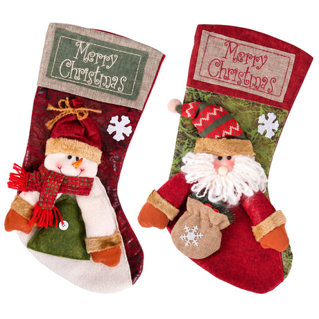 Two large plush Christmas stockings 43.5cm long, with Santa and snowman faces.