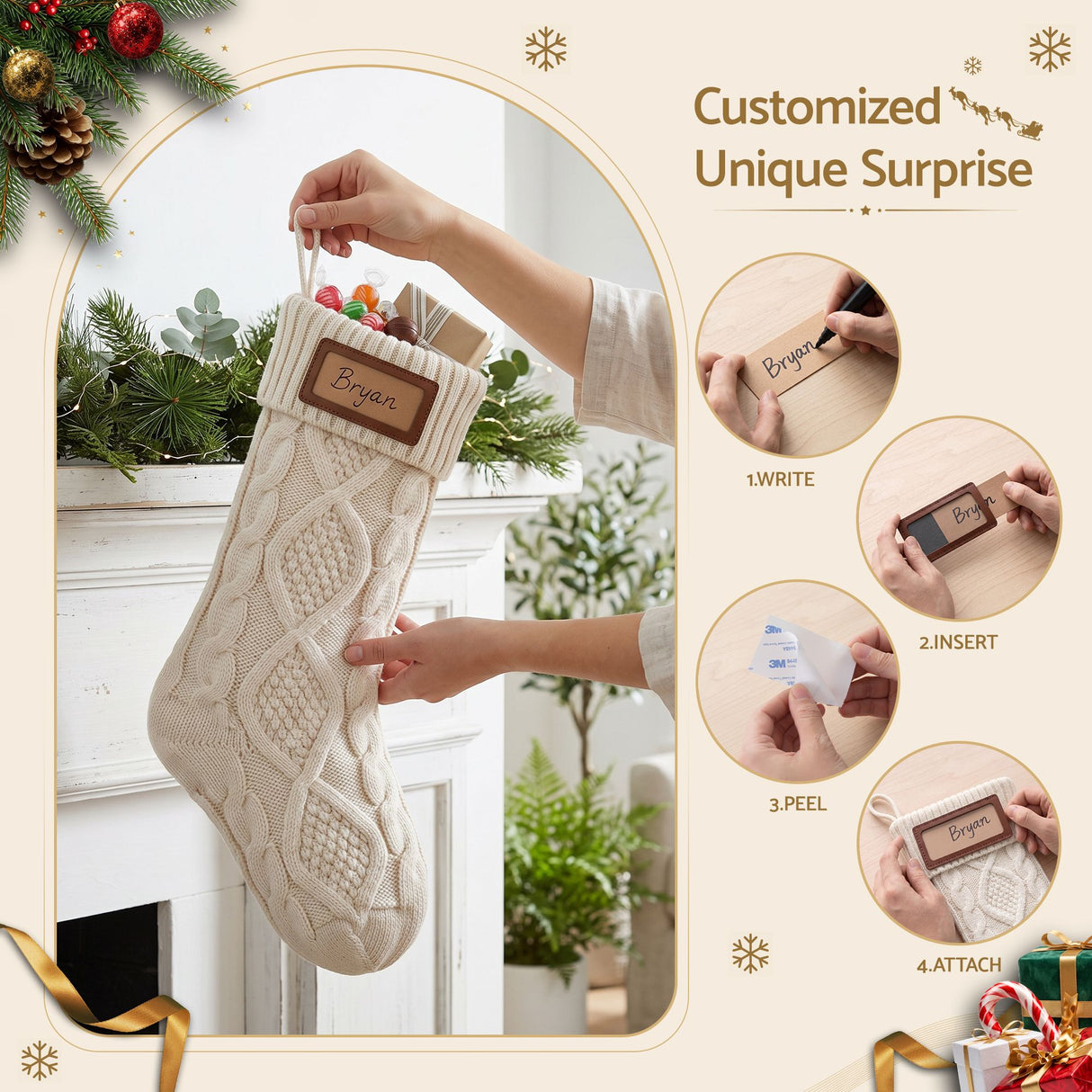 Jingle Jollys 3PCS Personalized Christmas Stockings with Leather Patches 16 Inch Knitted Solid Colour Xmas Decor For Fireplace Mantel, Christmas Tree, Home Decoration & Holiday Party Displays