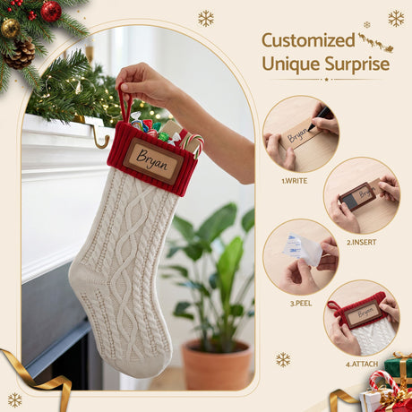 The three knitted stockings from another angle.