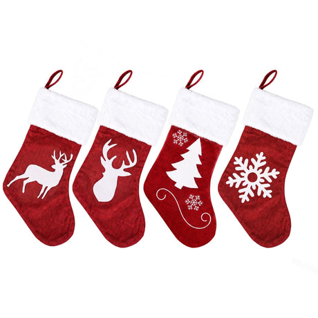 Four red and white velvet Christmas stockings, 46.5cm long.