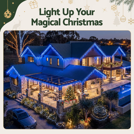 Further view of the 32m solar icicle lights, for outdoor use.