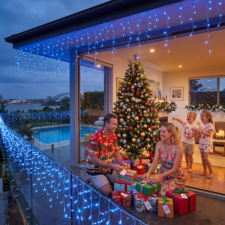 The 32m solar icicle lights from another angle, solar powered.