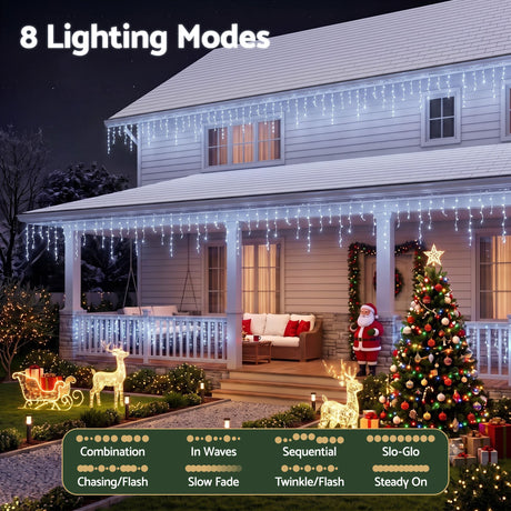 Solar icicle Christmas lights, 32 metres long with 960 cool white LEDs.