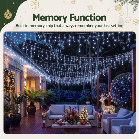 Another view of the 32m solar icicle lights, for outdoor use.