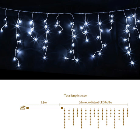 Further view of the 32m solar icicle lights, solar powered.