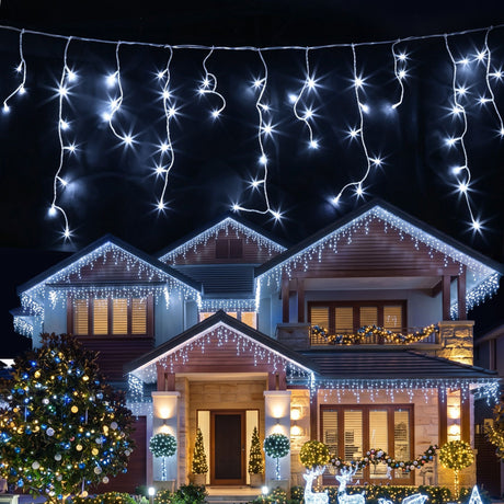 The 32m solar icicle lights from another angle, for outdoor use.