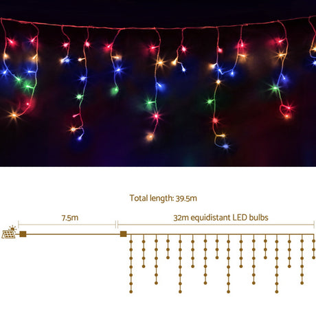 Another view of the 32m multicoloured icicle lights, solar powered.