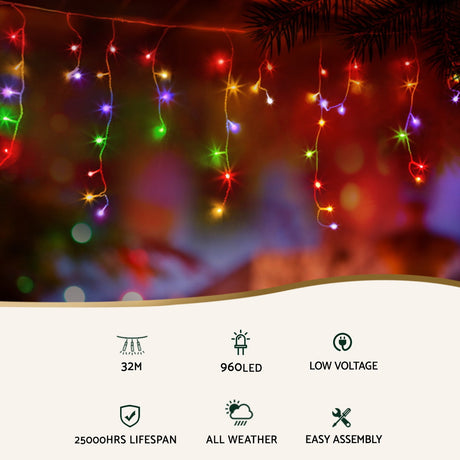 Another view of the 32m multicoloured icicle lights, running on low voltage.