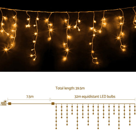 Another view of the 32m warm white icicle lights, solar powered.