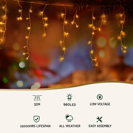 Another view of the 32m warm white icicle lights, running on low voltage.