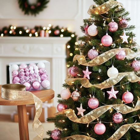 Thirty-four piece Christmas tree decoration set of baubles, ribbon and ornaments.