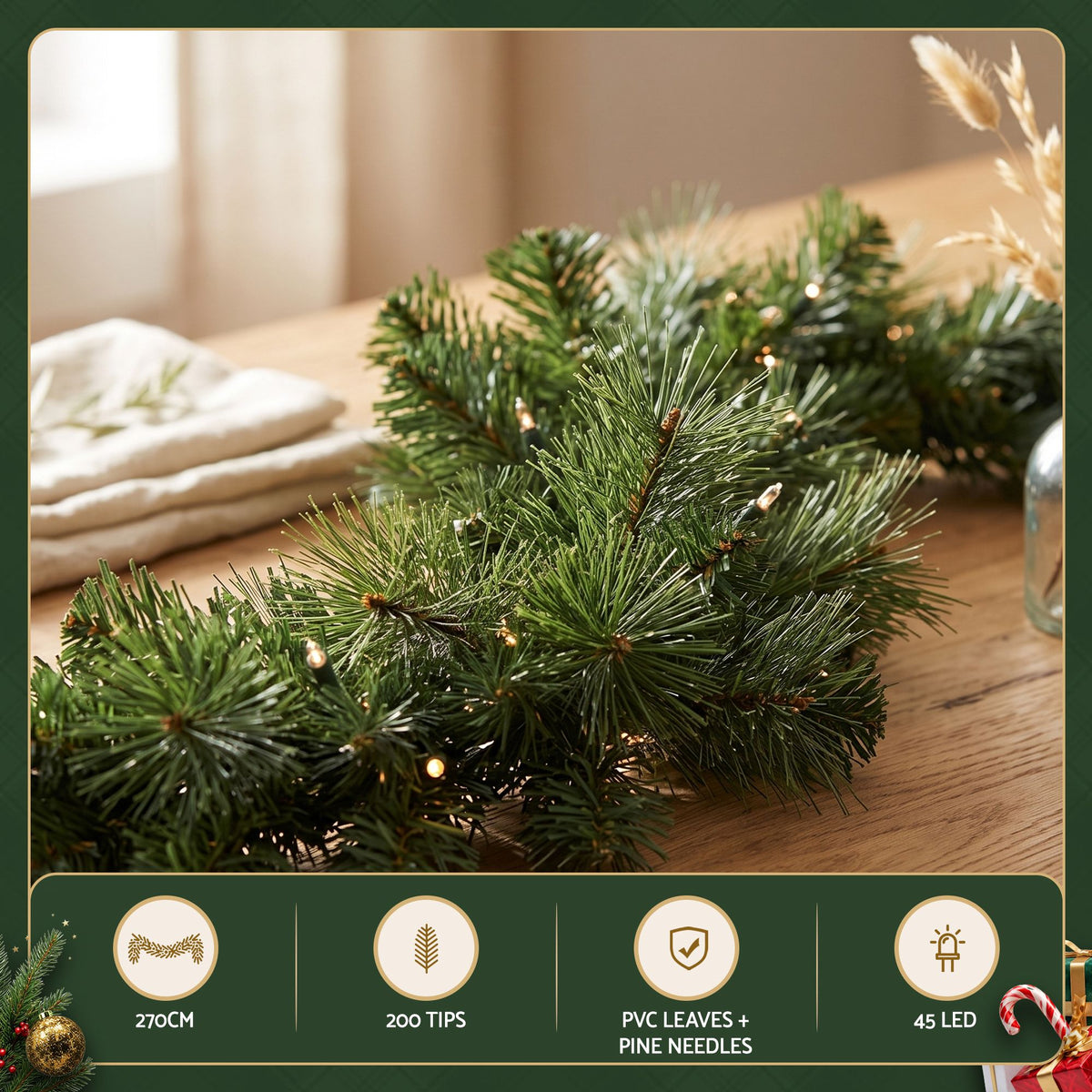 Another view of the 2.7m pre-lit garland, for indoor or outdoor use.