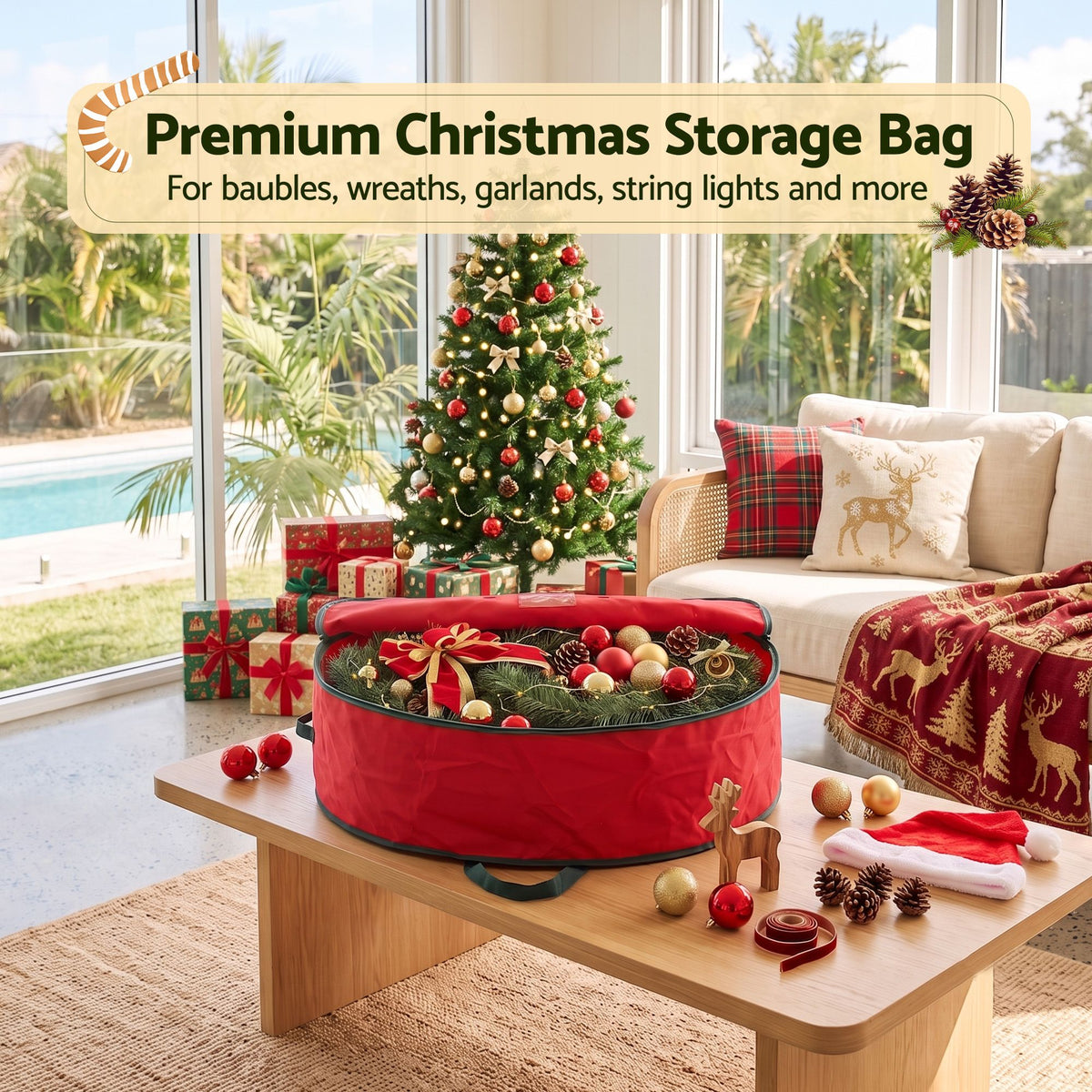 The wreath storage bag shown again, with stitched edges.