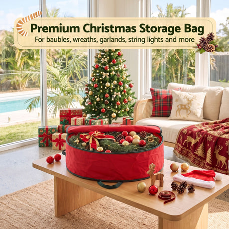 The wreath storage bag shown again, with stitched edges.