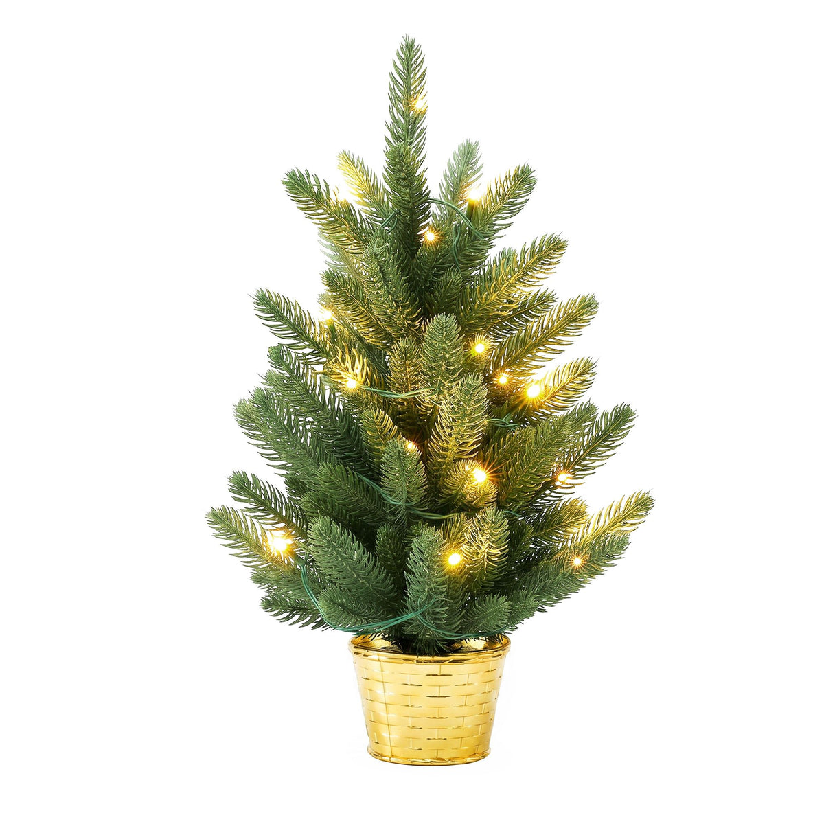 Mini artificial Christmas tree 45cm tall with warm white lighting.