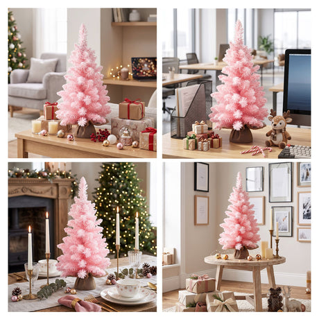 The 60cm pink tabletop tree from another angle, with flocked branches.