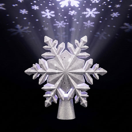 Silver glitter tree topper with a rotating snowflake projector.