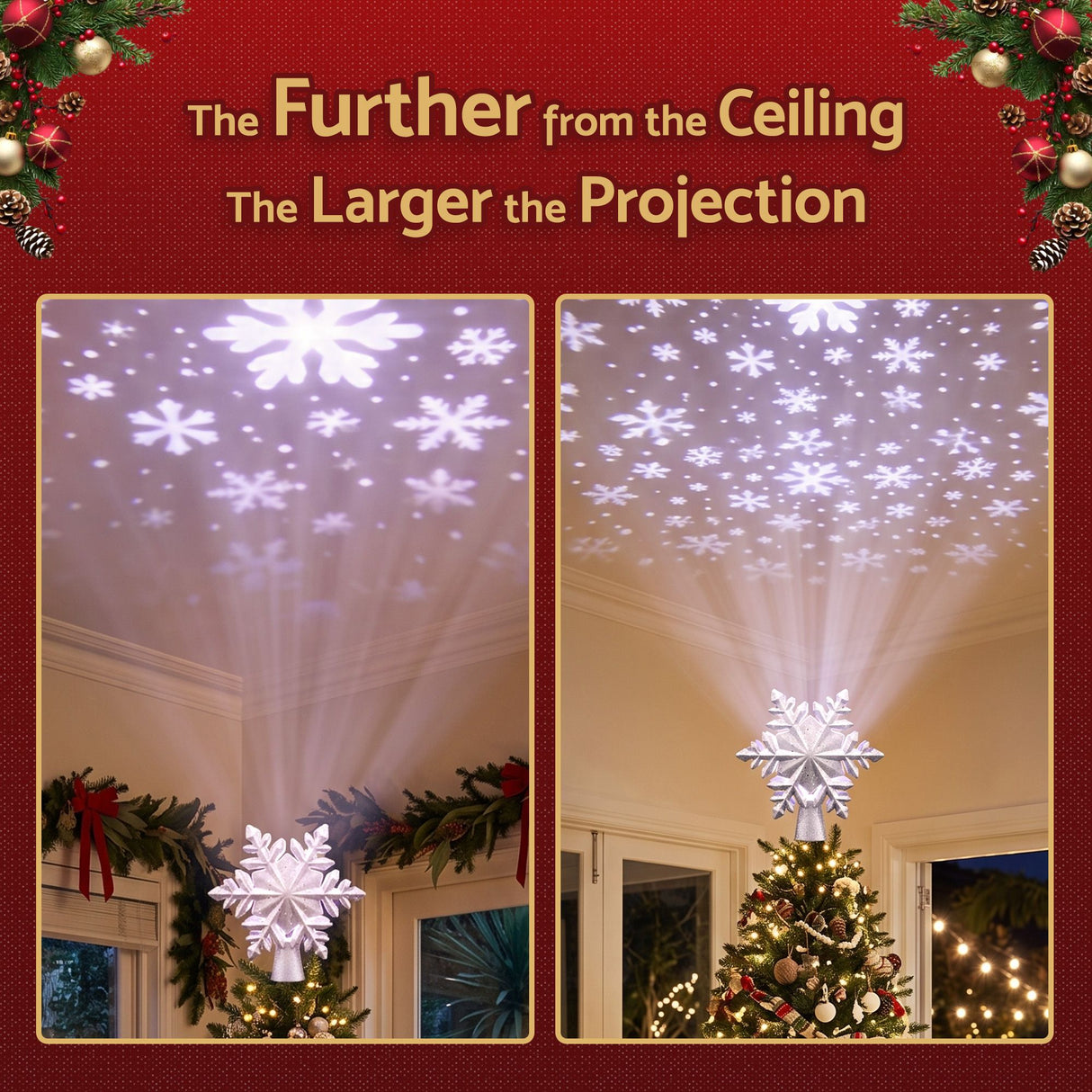 Jingle Jollys Christmas Tree Topper Lighted 360° Rotating Snowflake Projector Silver Glitter