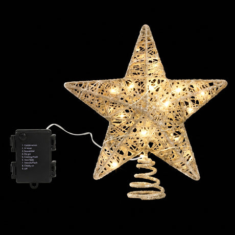 Gold glitter star tree topper with 20 warm white LEDs.