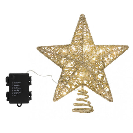 The gold LED star tree topper shown again, battery operated.