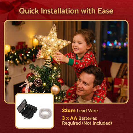 Gold LED star tree topper, battery operated.
