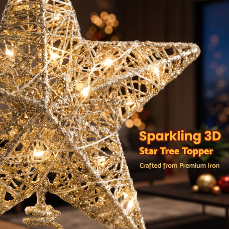 Gold LED star tree topper, for indoor use.