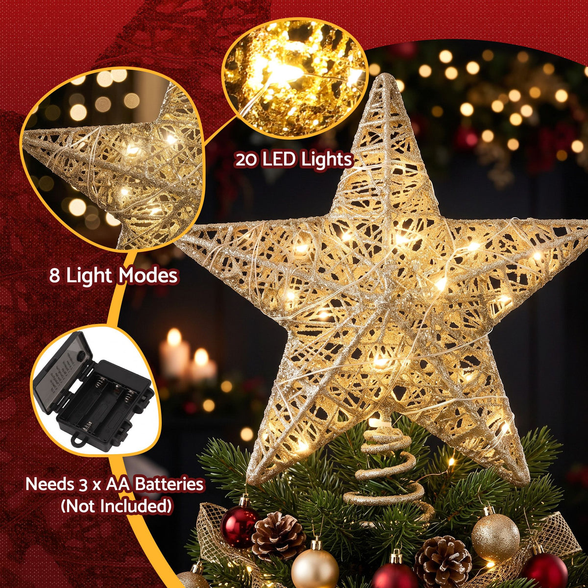 Further view of the gold LED star tree topper, battery operated.