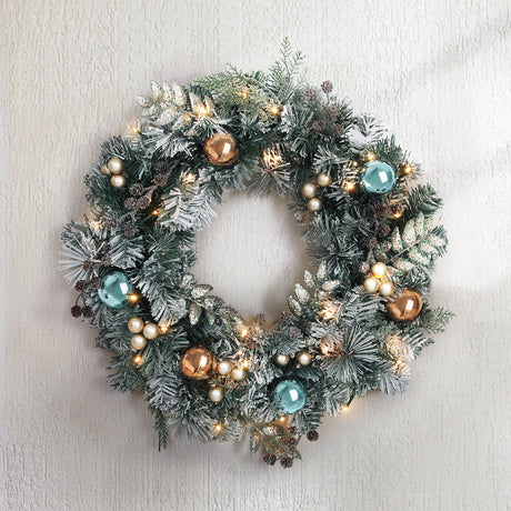 Further view of the 60cm snowy LED wreath, for indoor or outdoor use.