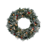 Pre-lit Christmas wreath 60cm across with snow-tipped branches and berries.