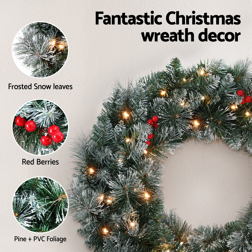 Another view of the 60cm snowy lit wreath, arriving pre-lit.