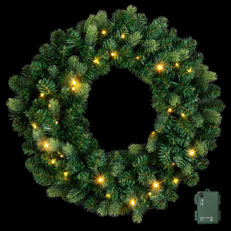 Pre-lit Christmas wreath 60cm across with warm white LEDs and a battery timer.