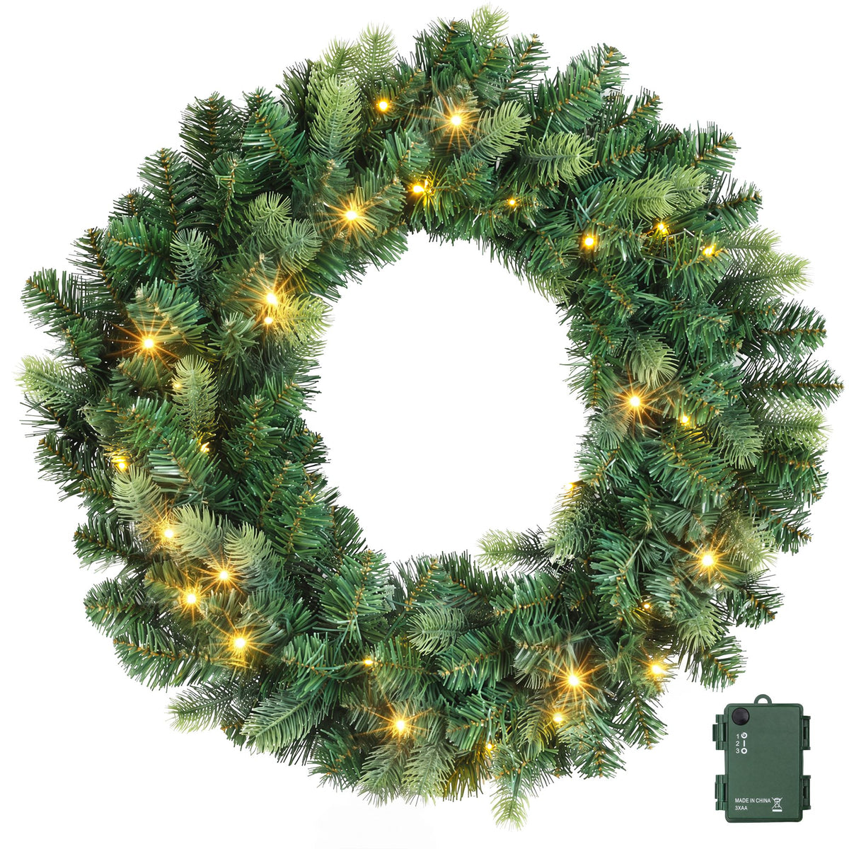 Another view of the 60cm warm white wreath, with a built-in timer.