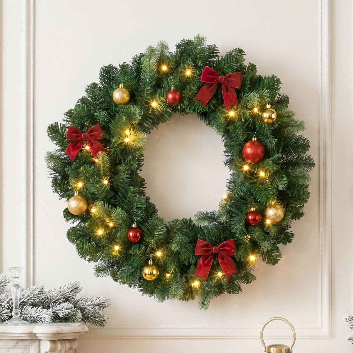 The 60cm warm white wreath shown again, for indoor or outdoor use.